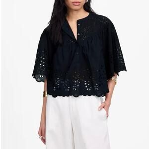 NWT Madewell Embroidered Eyelet Shirred Henley Blouse In Jet Black Size XS